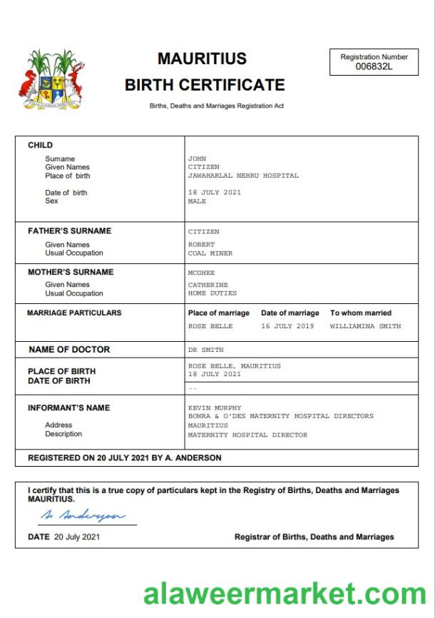 Mauritius vital record birth certificate Word and PDF template
